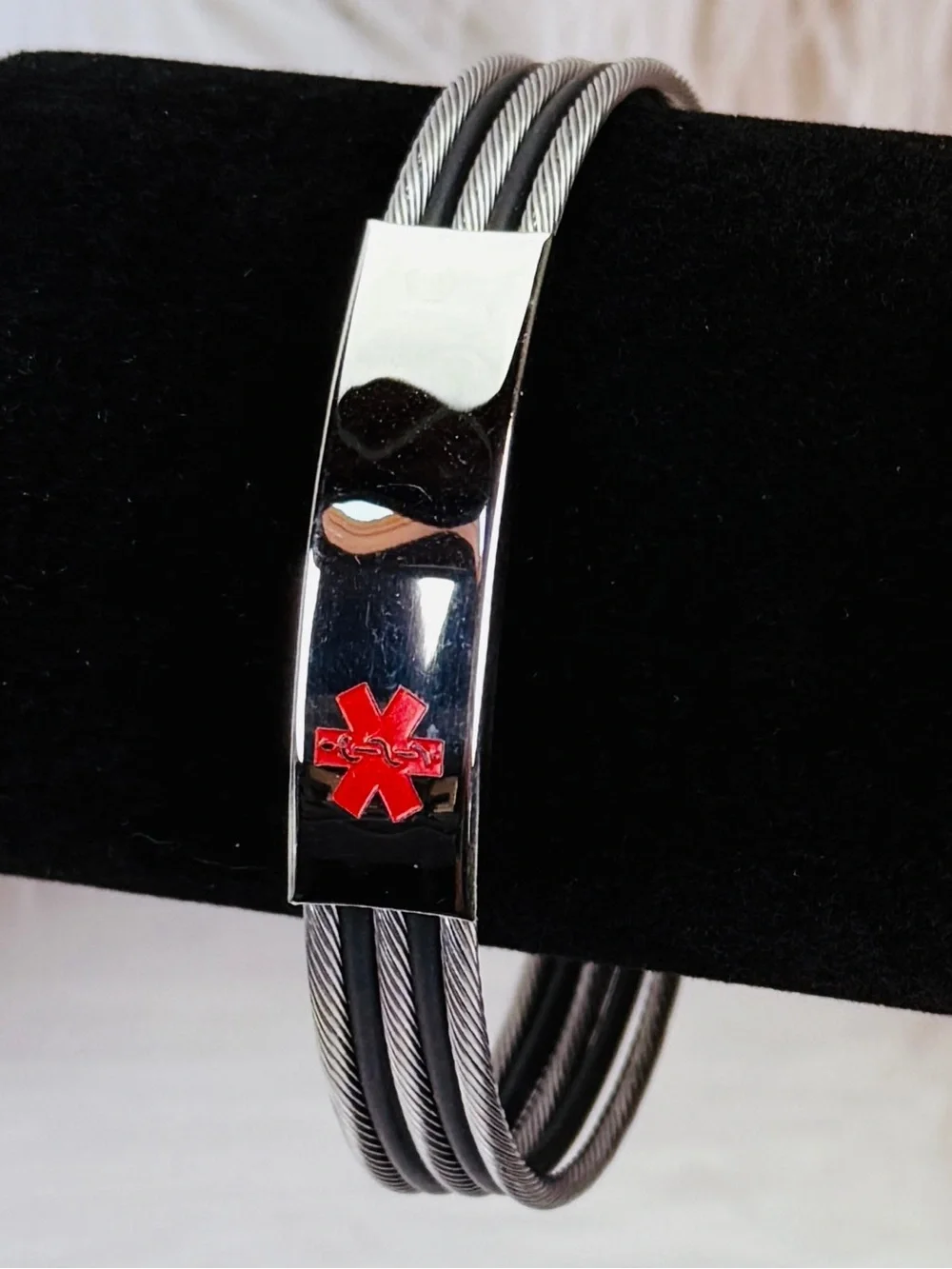 Stainless Steel Silvertone Black Unisex Medical Alert ID Bracelet
